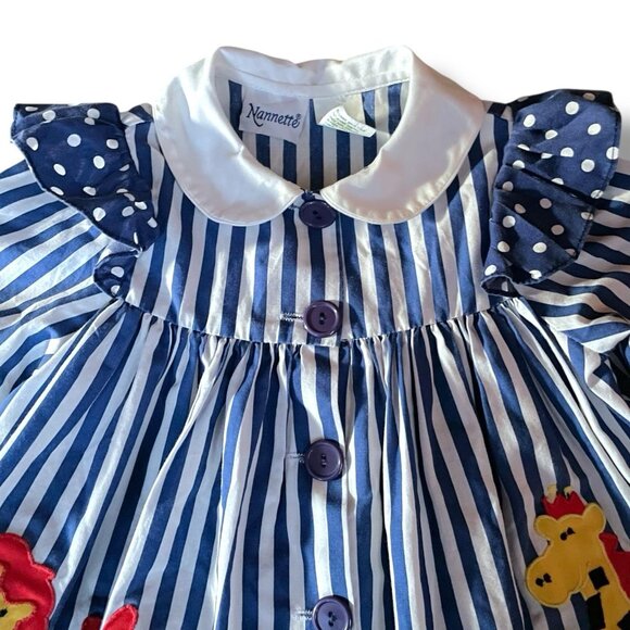 Vintage Nannette Toddler Girls Dress Sz 18 Month Blue White Stripe Jungle Animal - Picture 4 of 8